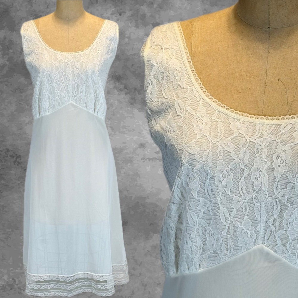 VINTAGE 70s white lace full dress slip‎ nightgown lingerie layer midi plus size
